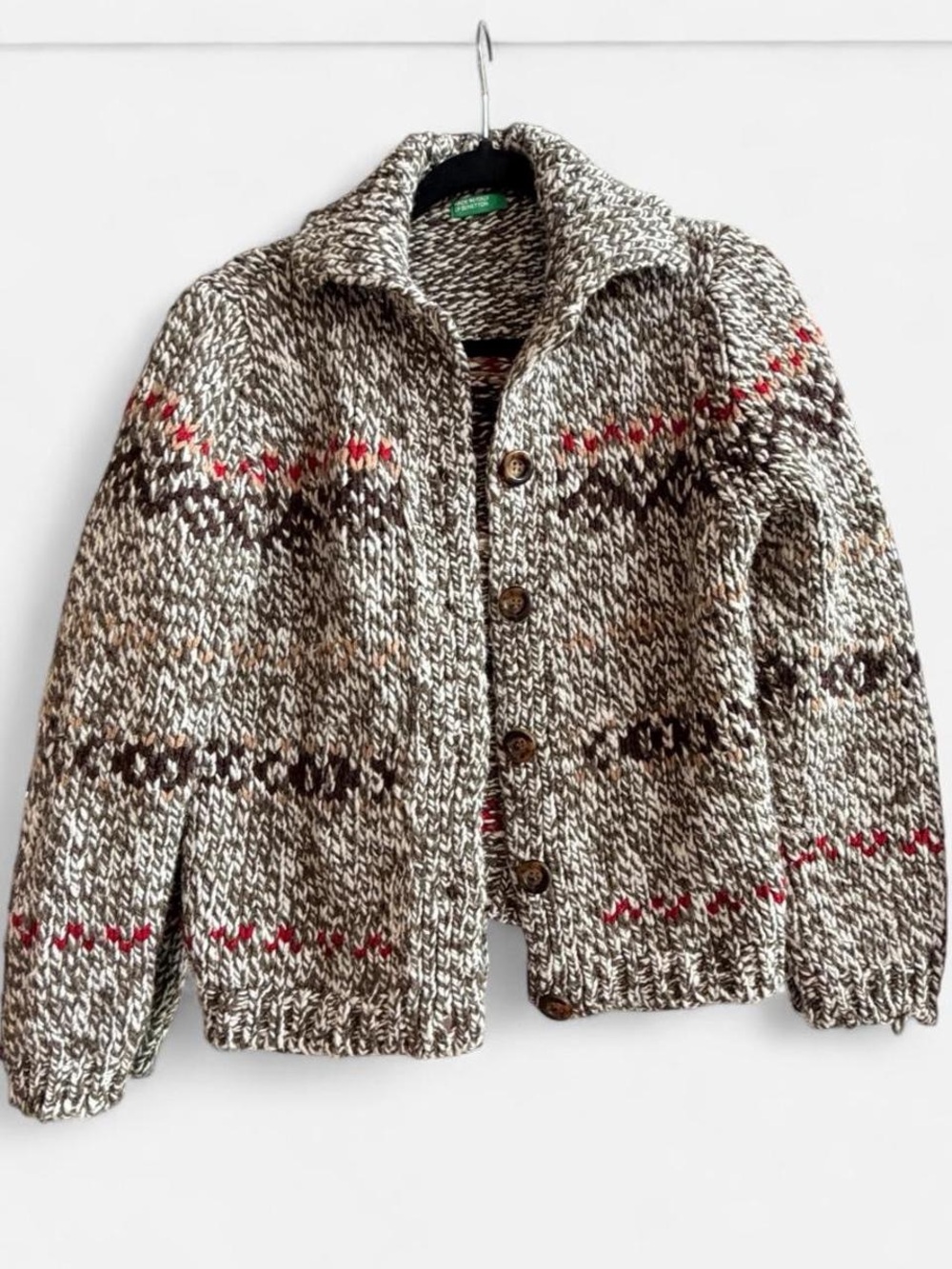 United Colors of Benetton Chunky Knit Wool Cardigan Jacket - Brown & Cream